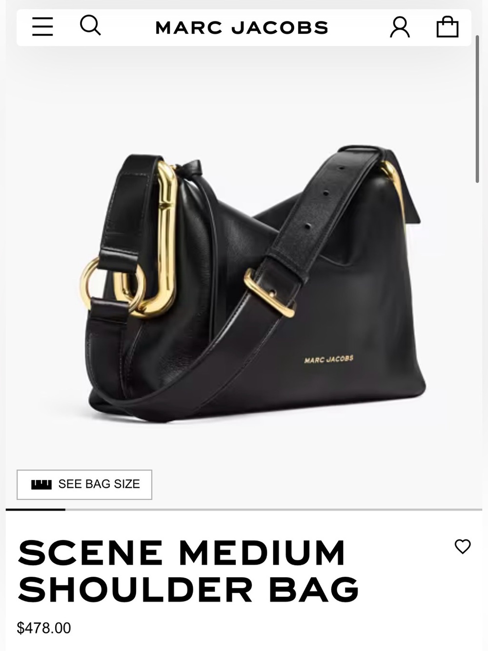 Marc Jacobs Black Leather Shoulder Bag with Gold Hardware